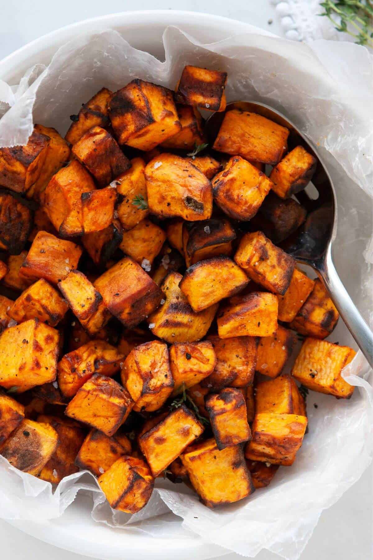 Crispiest air fryer sweet potato cubes.