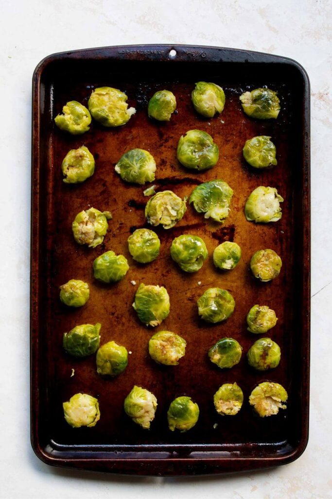 smashed Brussels sprouts before roasting in the oven