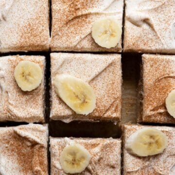 Moist gluten-free banana cake with homemade healthy cream cheese frosting.