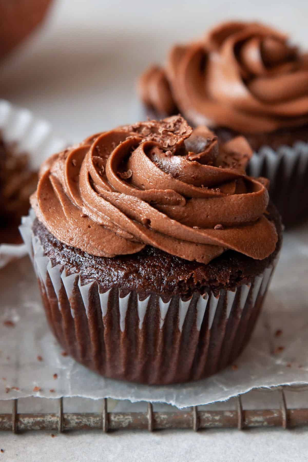Moist gluten-free chocolate cupcake with dairy-free chocolate frosting.
