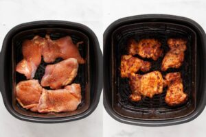 side by side of raw chicken thighs and crispy air fryer chicken thighs in basket