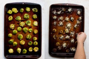 side by side how to oven roast smashed brussels sprouts with parmesan
