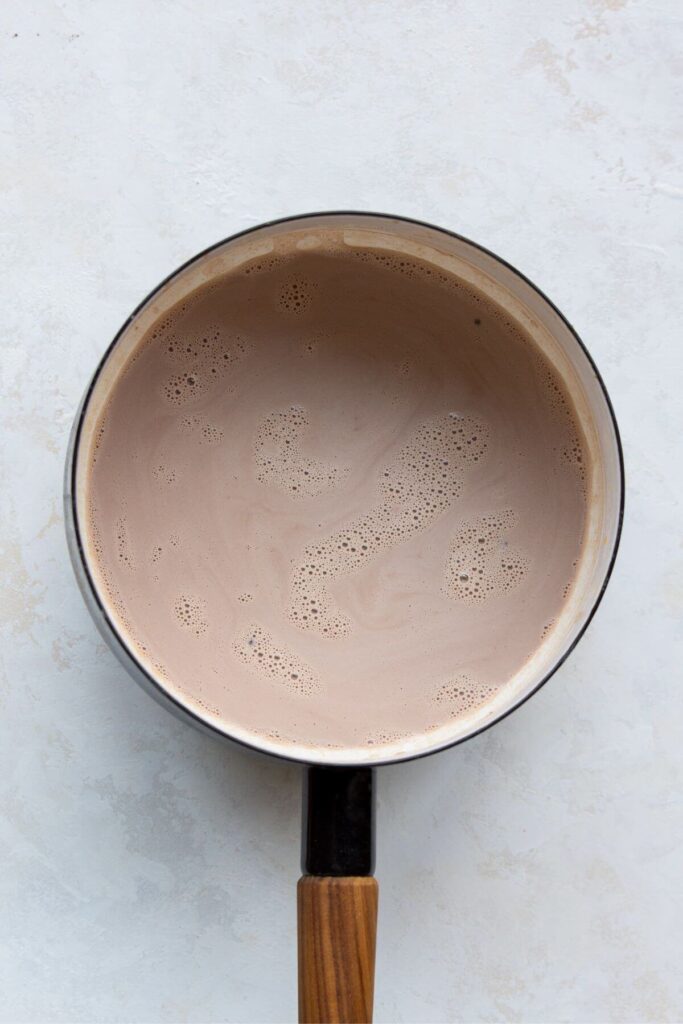 protein hot chocolate in a sauce pot after heating