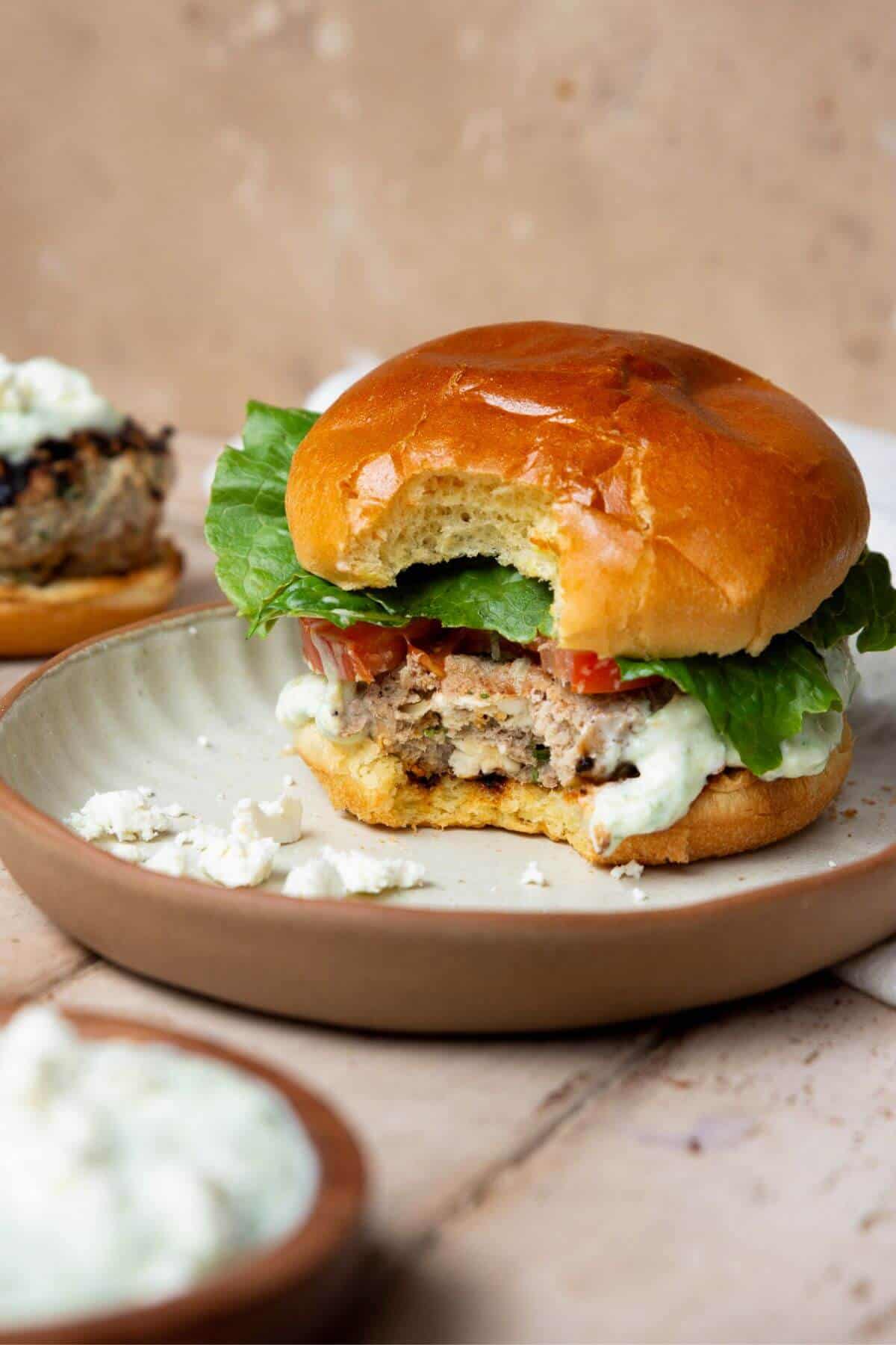 Bite shot of Greek turkey burger to show juicy inside.