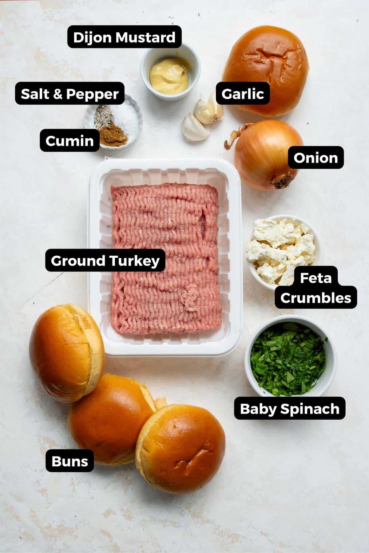 Labeled ingredients for Greek turkey burgers including ground turkey, feta crumbles, baby spinach, onion, garlic, cumin, salt and pepper, and buns.