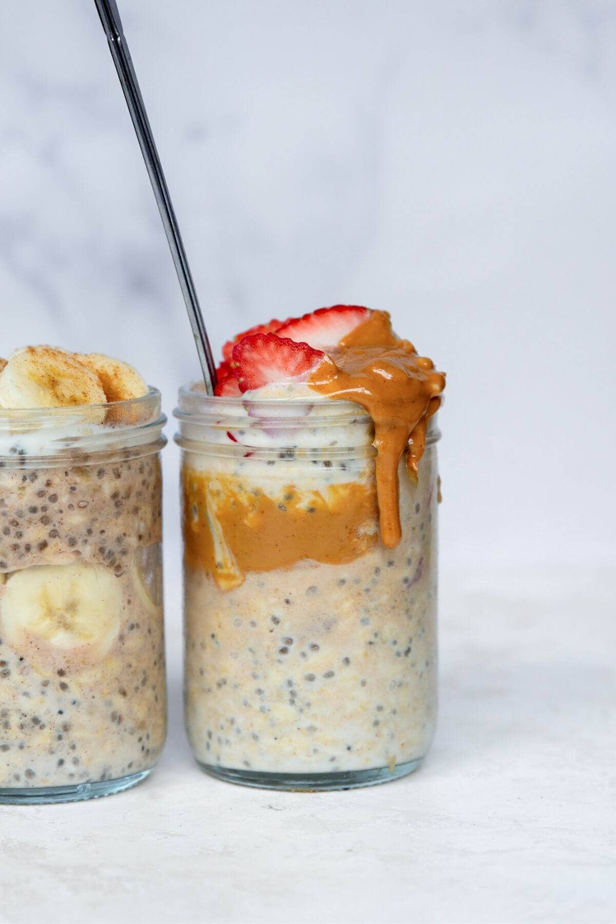 Peanut butter and jelly protein overnight oats with yogurt and protein powder.