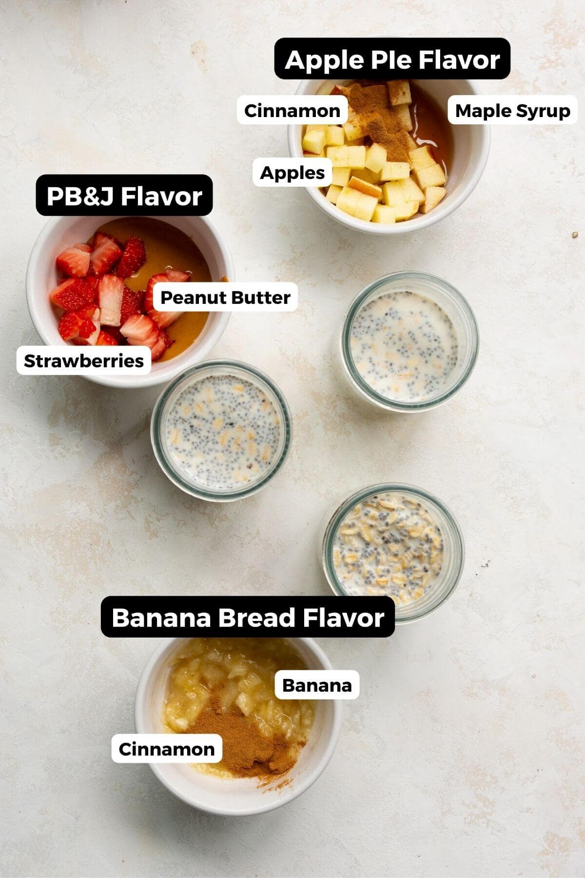 Making banana bread flavored, PB&J flavored, and apple pie flavored overnight oats.