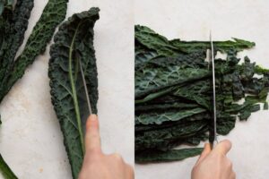 side by side how to de-steam and chop lacinato kale