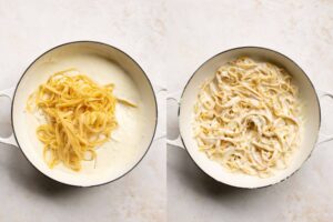 side by side adding pasta to healthy Alfredo sauce