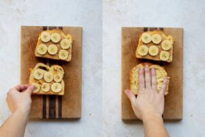 side by side how to stuff brioche french toast with peanut butter and banana slices
