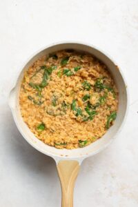 creamy dairy-free lemony rice similar to risotto in a pan