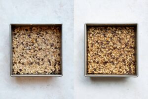 side by side unbaked and baked vegan baked oatmeal in a dish