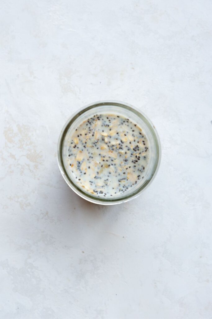 adding rolled oats, peanut butter, and chia seeds before soaking overnight
