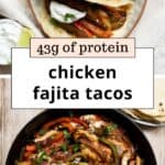Easy one-pan chicken fajita tacos topped with peppers, onions, sour cream, and fresh cilantro.