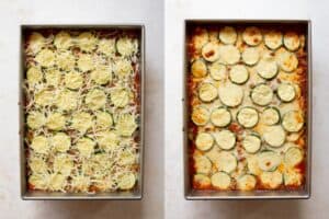 side by side unbaked and baked ground beef and zucchini casserole