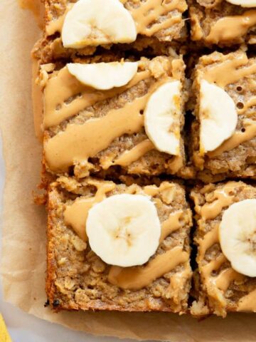 Healthy, fluffy, easy peanut butter banana baked oatmeal.