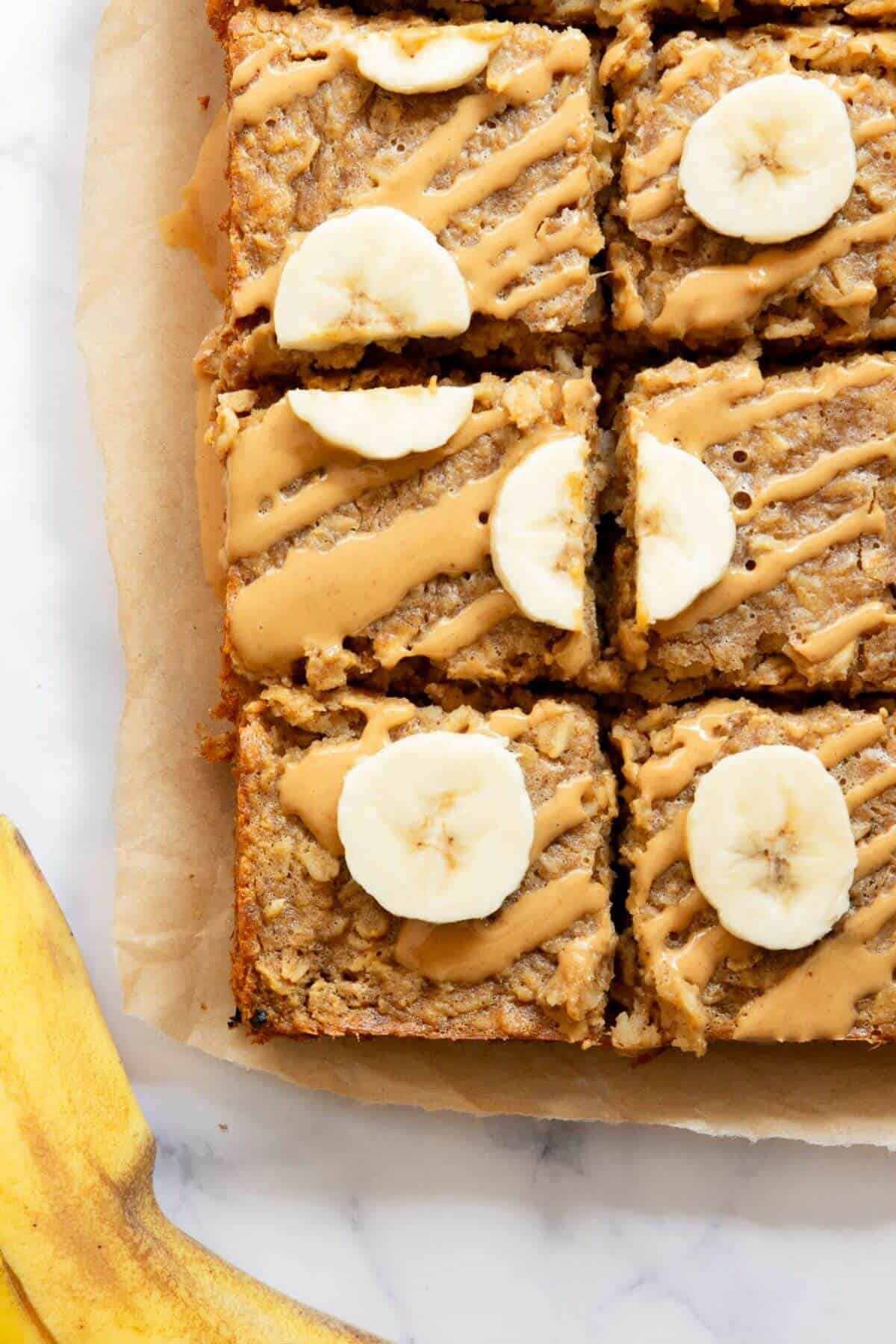 Healthy peanut butter baked oatmeal with banana.
