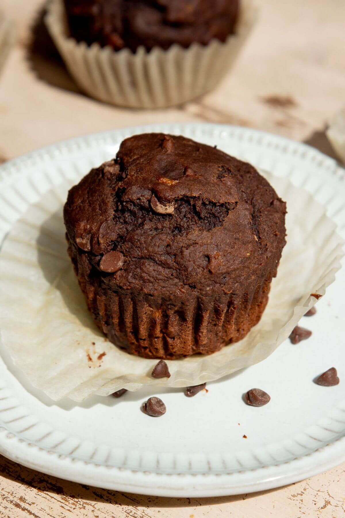 Healthy double chocolate chip banana muffin.