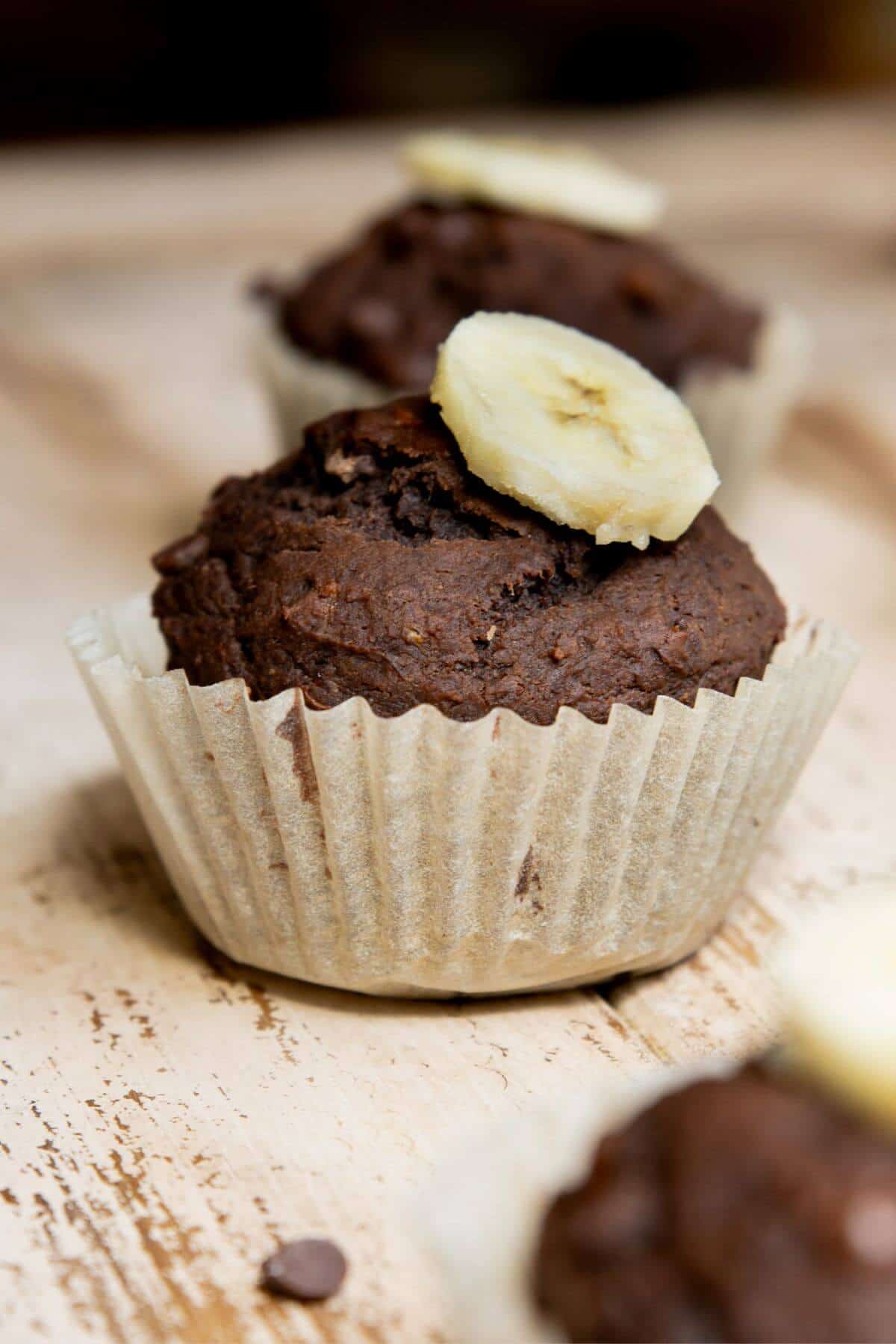 Healthy chocolate banana muffins recipe, made with Greek yogurt and coconut sugar.