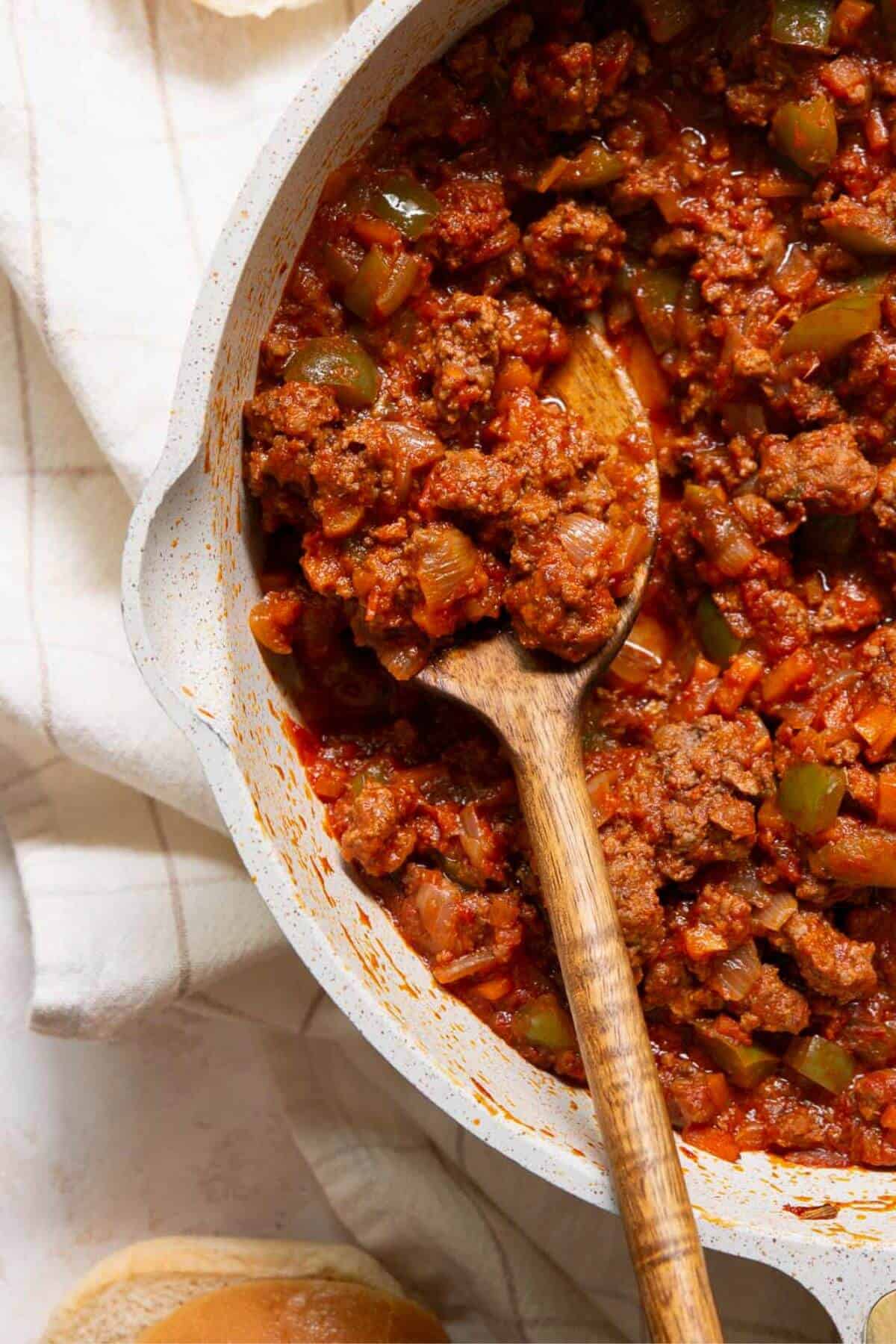 Saucy healthy sloppy joes in a skillet with lots of veggies.