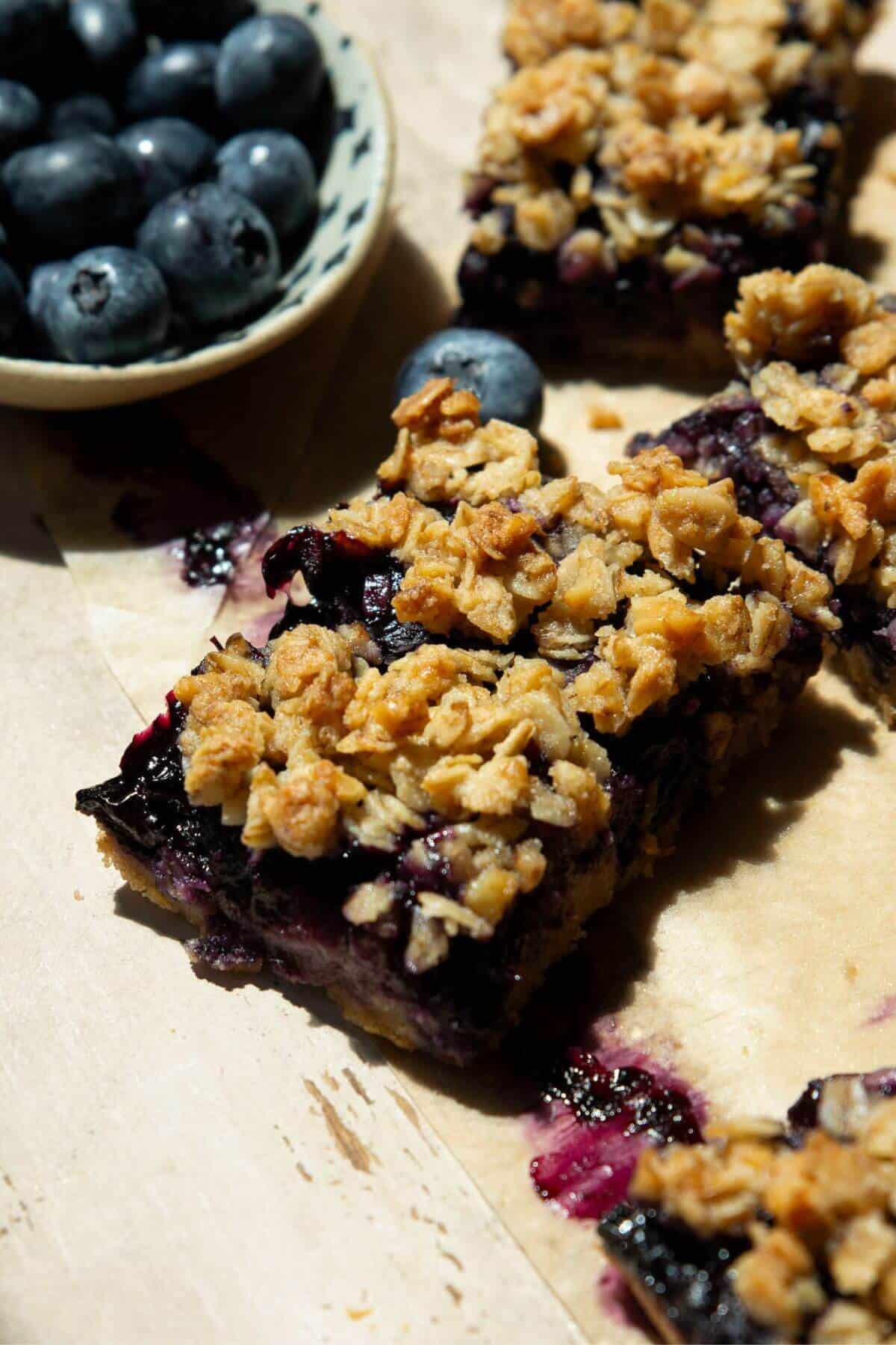 Inside a healthy blueberry crumble bar.