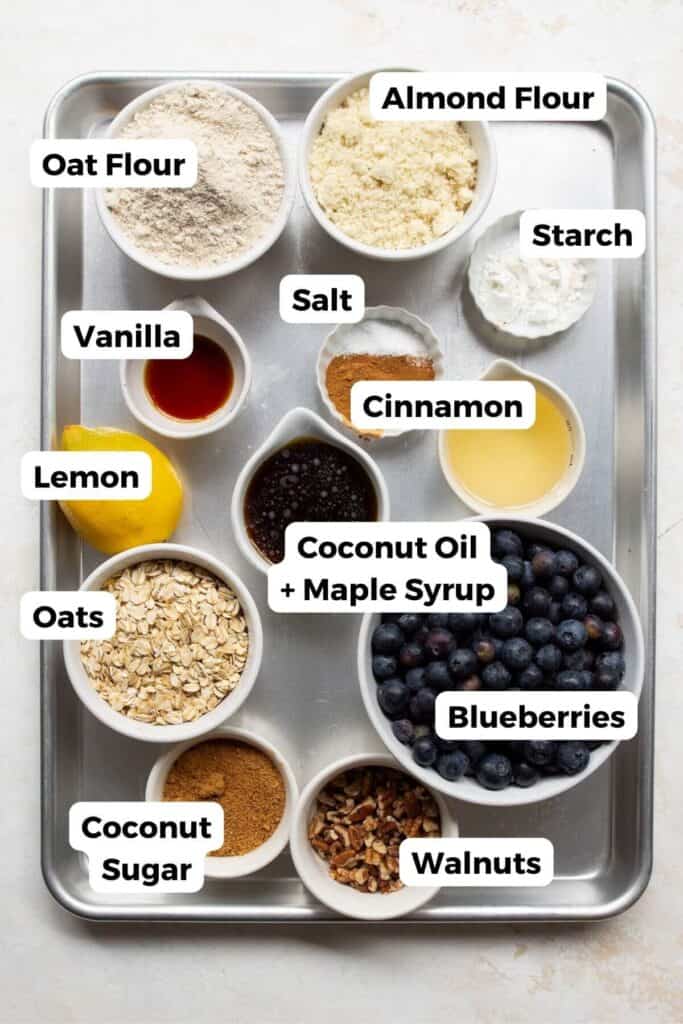 all ingredients in recipe in small bowls with labels