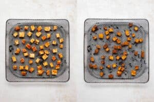 side by side of raw and super crispy tofu in an air fryer basket