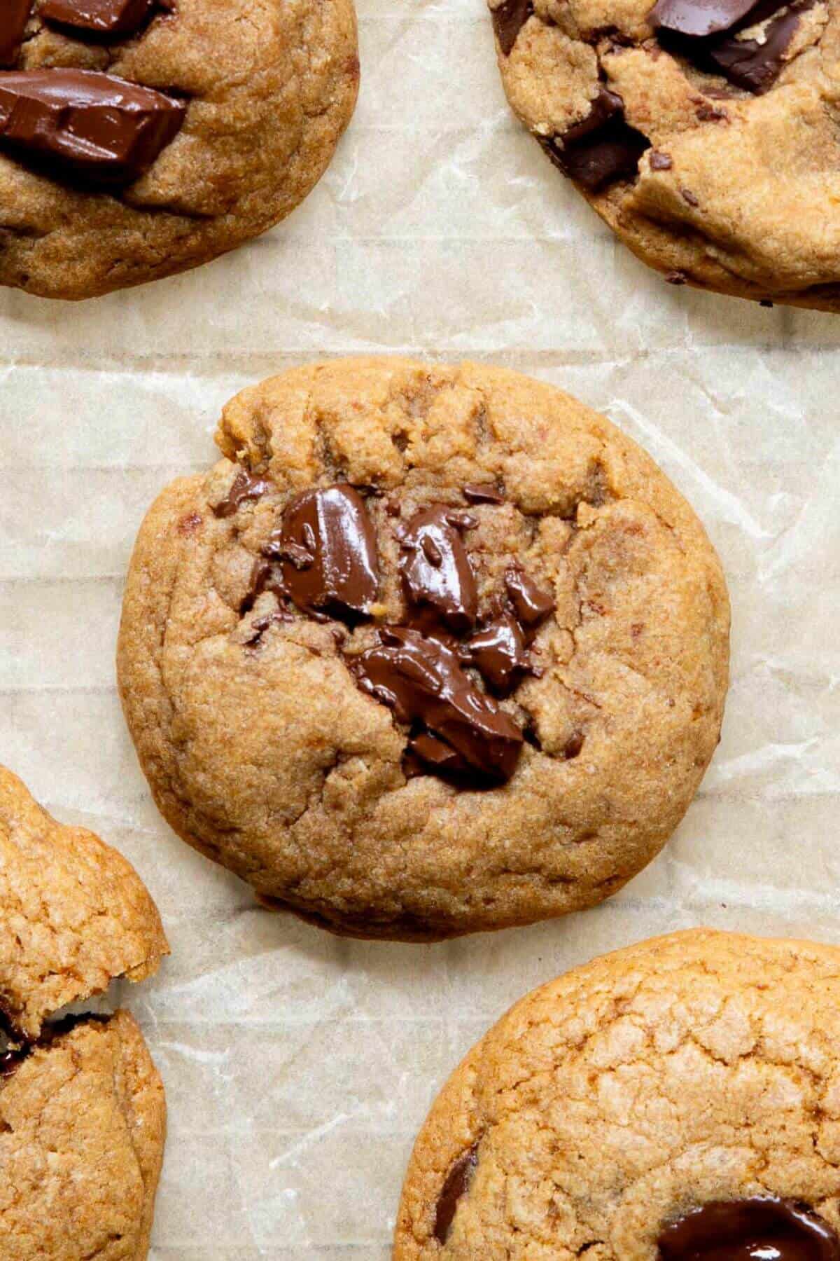 The best classic thick and chewy healthy chocolate chip cookies sweetened with coconut sugar and made without butter.