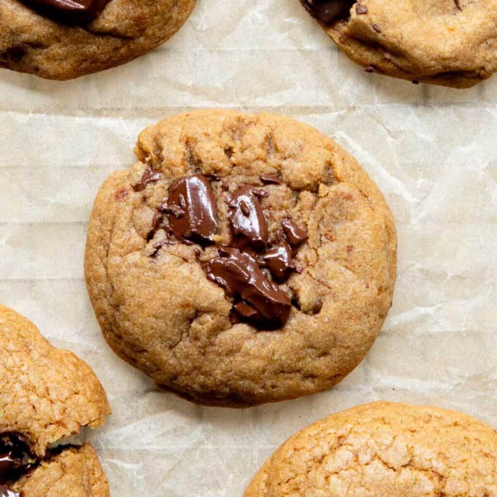 gooey refined sugar-free and healthy chocolate chip cookies made with whole wheat flour