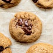 Classic bakery-style thick and chewy healthy chocolate chip cookies sweetened with coconut sugar and made without butter.