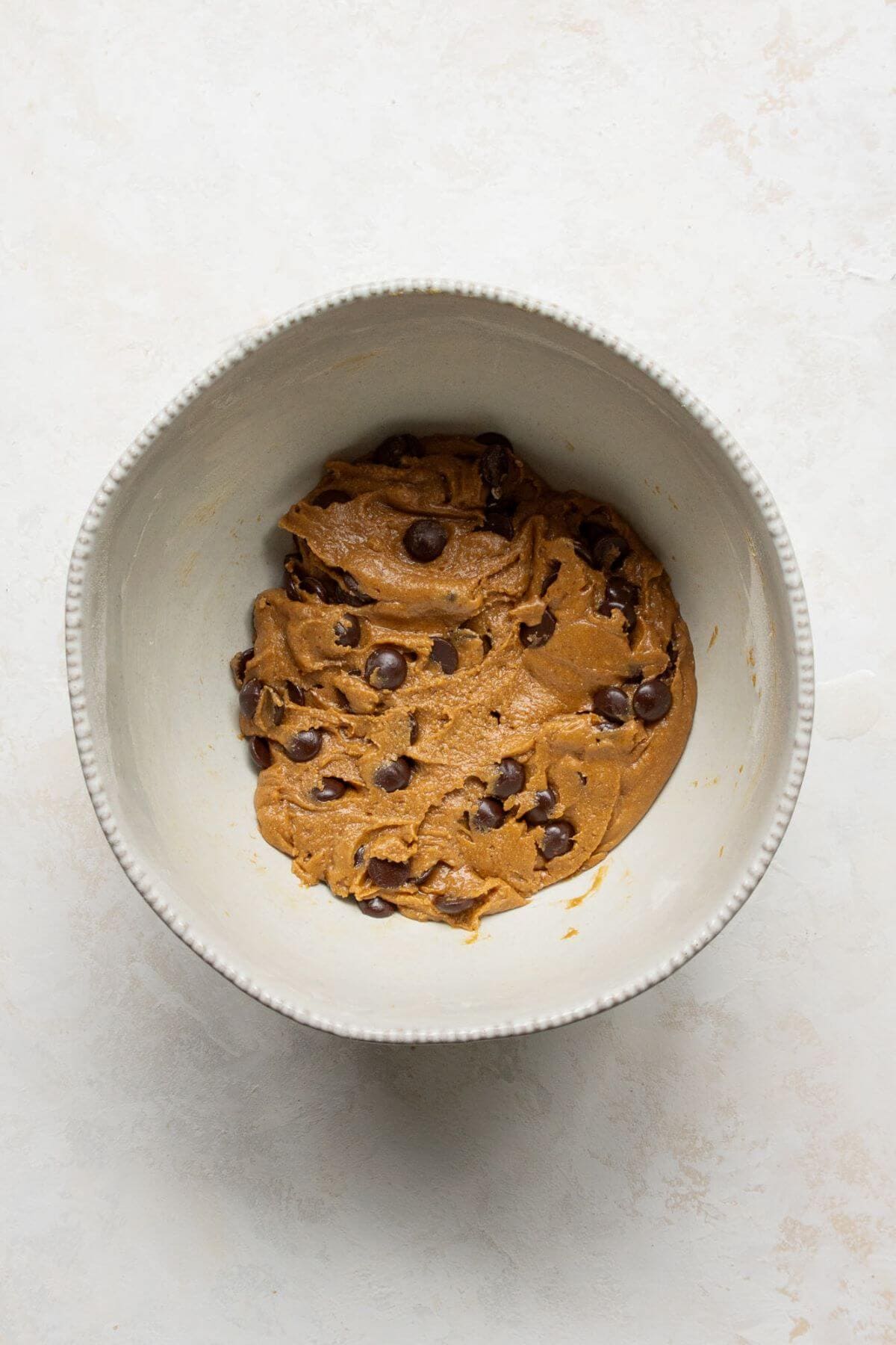 Healthy chocolate chip cookie dough in a bowl.