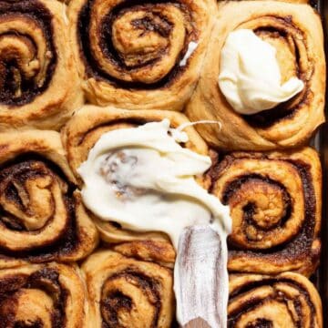 gooey banana bread cinnamon rolls with homemade cream cheese frosting