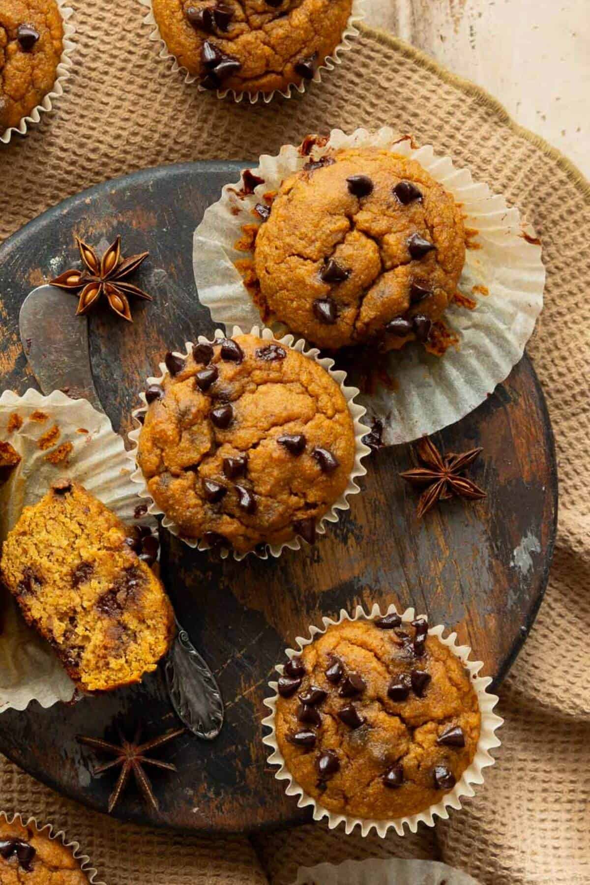 Super moist pumpkin protein muffins with mini chocolate chips.