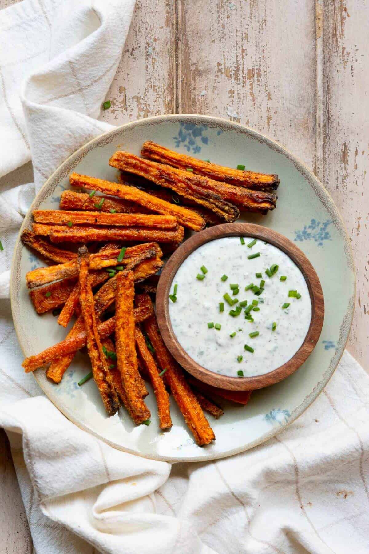 Air fryer carrot fries with homemade healthy ranch dip.