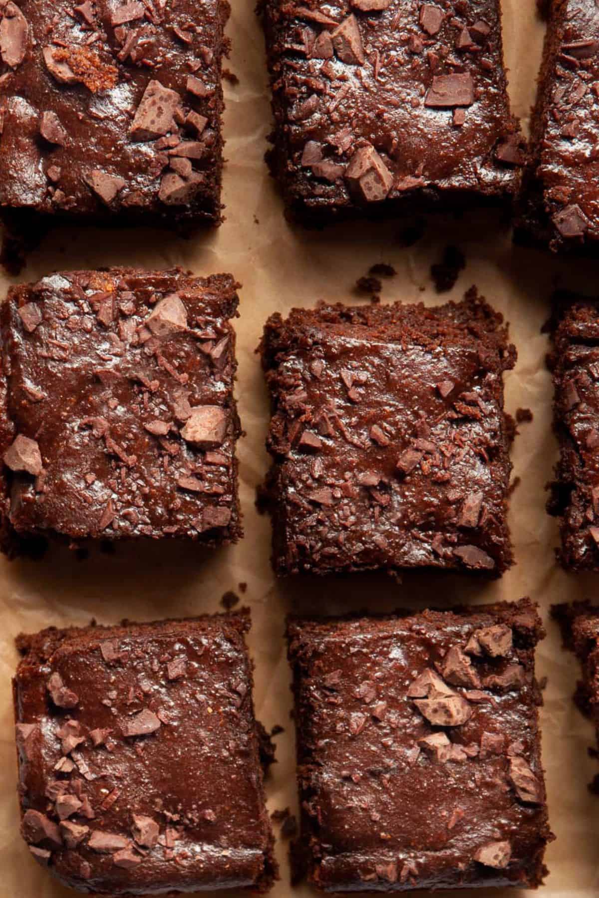 Fudgy flourless brownies with gooey chocolate center and crinkle tops.