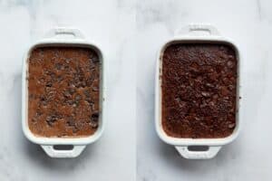 side by side raw and baked chocolate baked oats in a ramekin to show how to bake them