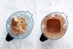 side by side ingredients in blender and then batter in blender to show how to make the batter