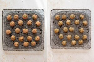 side by side raw and air fried turkey meatballs in air fryer basket