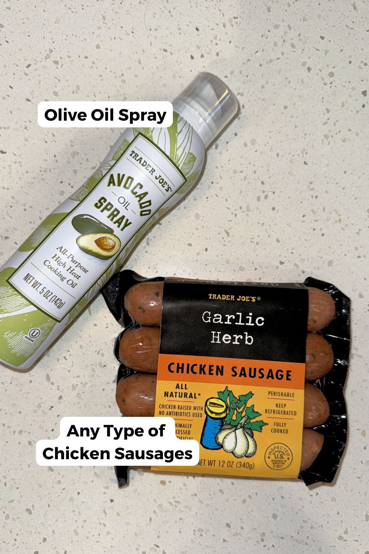 Ingredients in air fryer chicken sausages, including: sausage links and avocado oil spray.