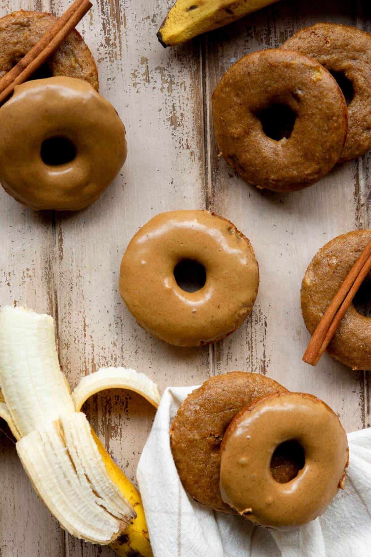 Healthy baked banana bread donuts with coconut sugar glaze.