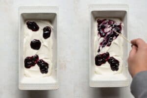 side by side how to swirl blueberries into cottage cheese ice cream