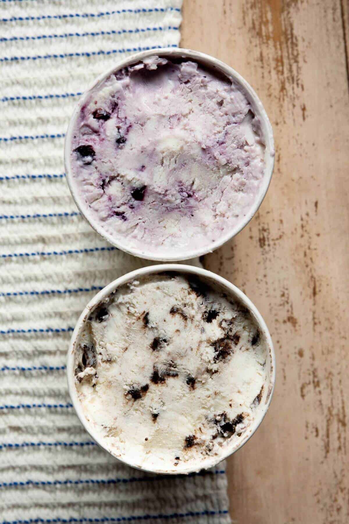 blueberry and cookies & cream protein cottage cheese ice cream in bowls
