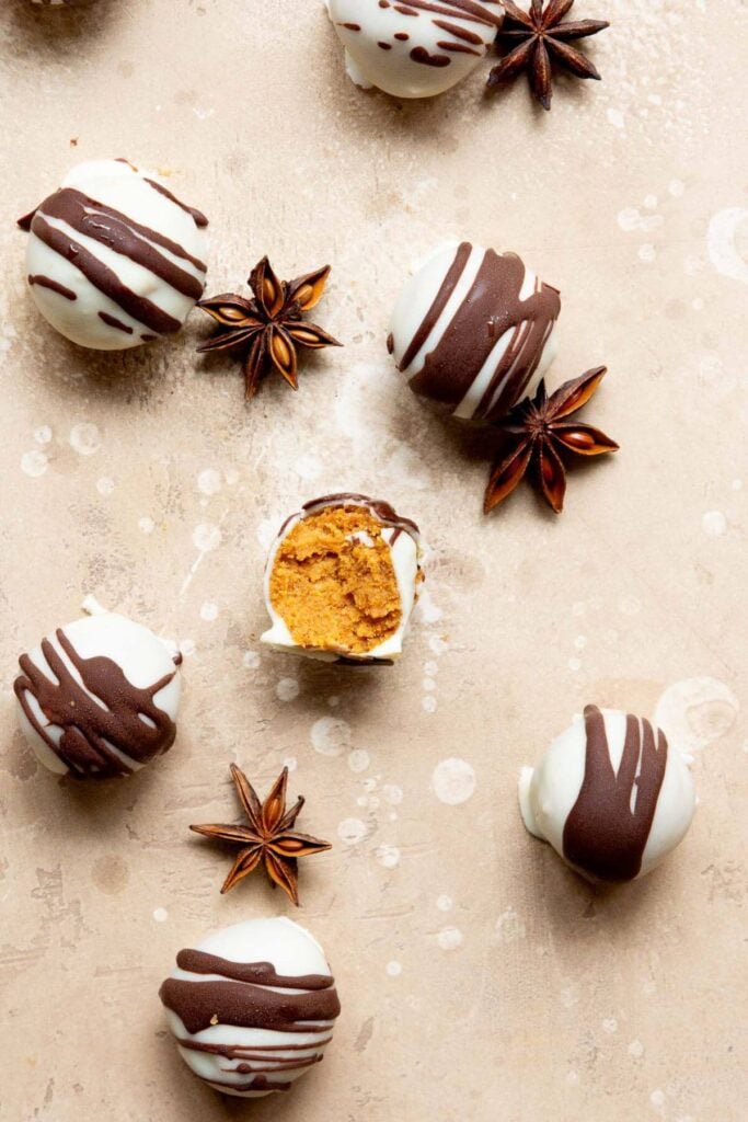 bite shot of a pumpkin spice truffle