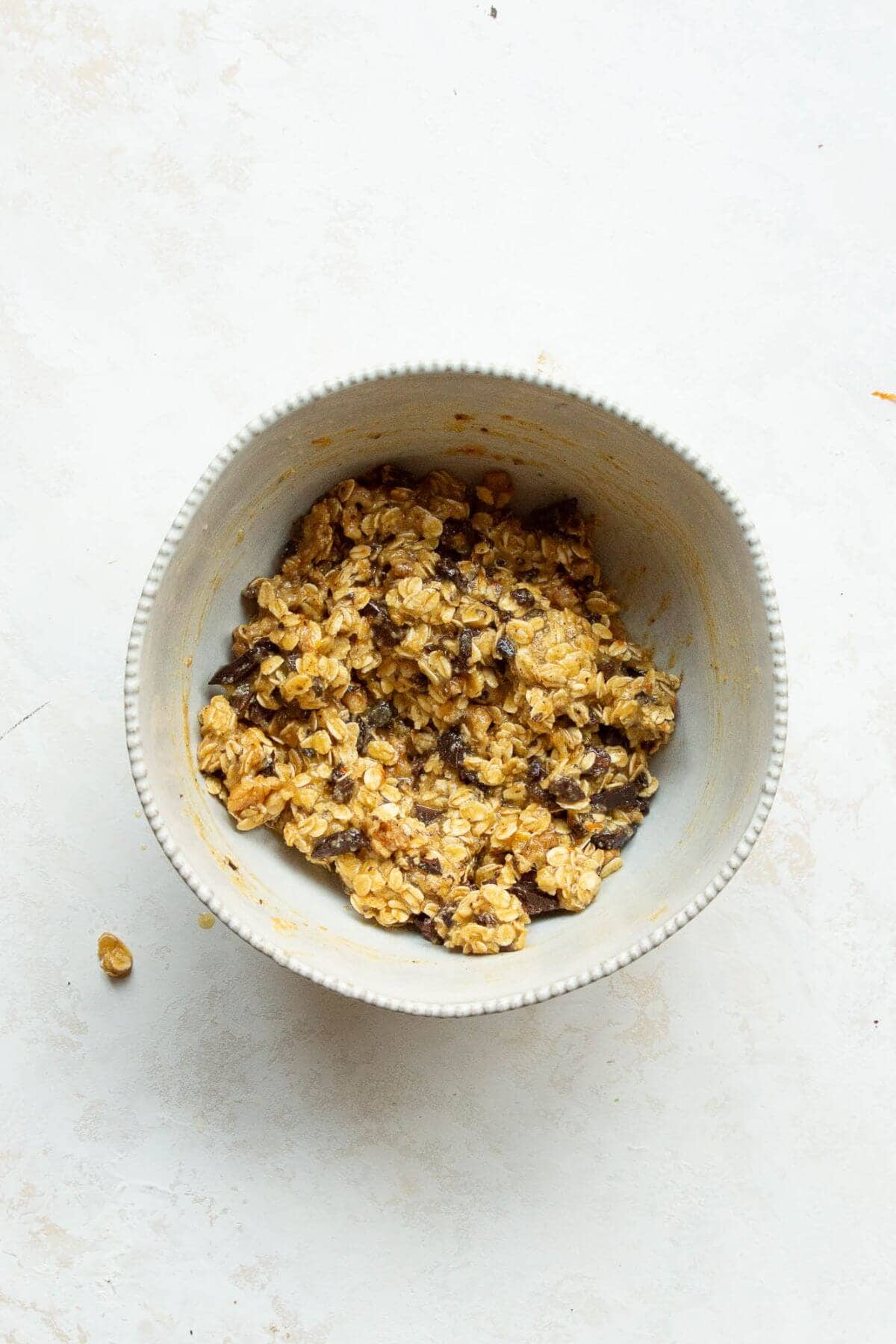 Chocolate chips and walnuts folded into the oatmeal cookie dough.