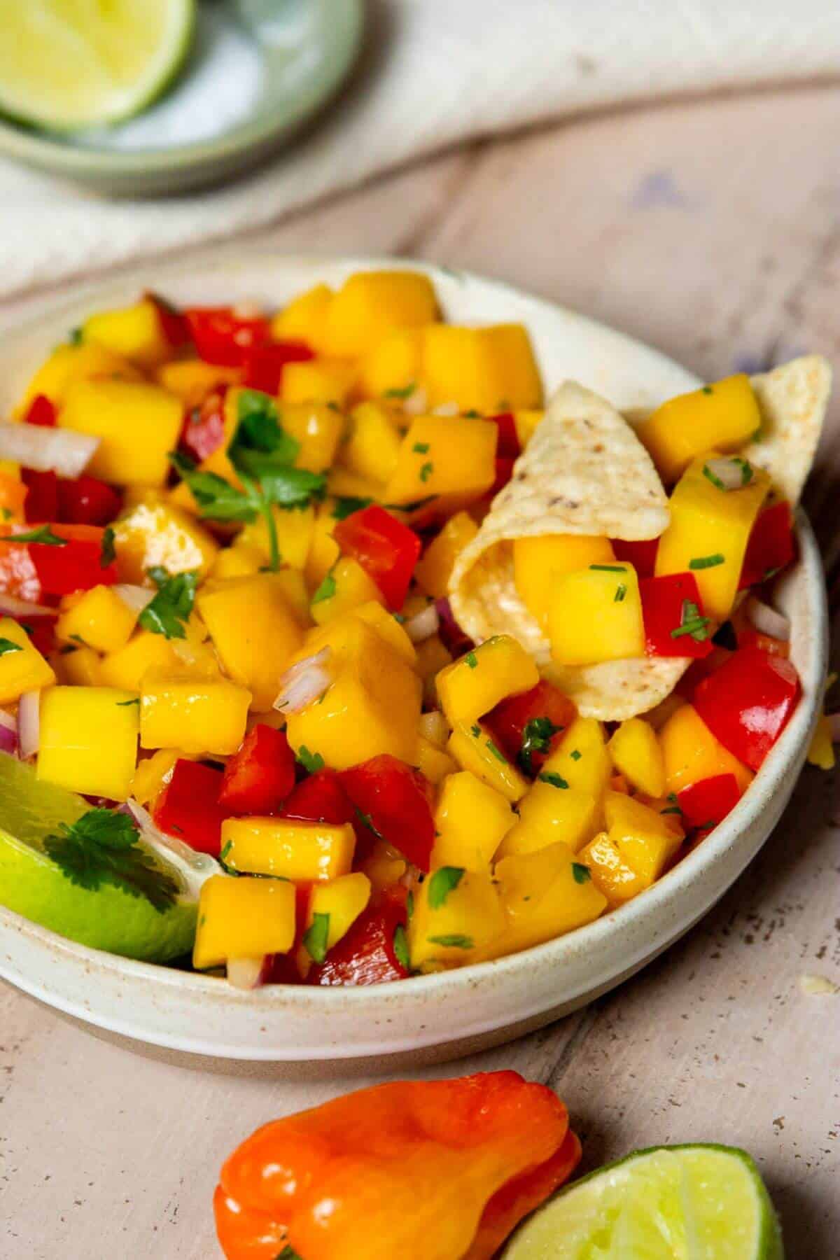 Sweet and spicy mango habanero salsa.