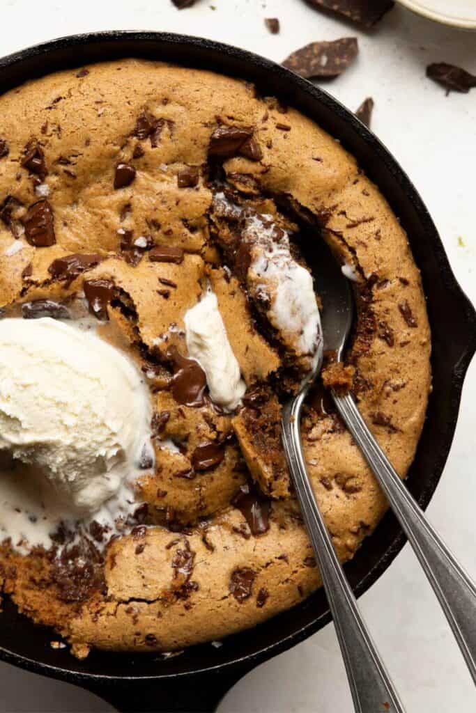 gooey chocolate chip cookie skillet made healthier with whole wheat flour and almond butter