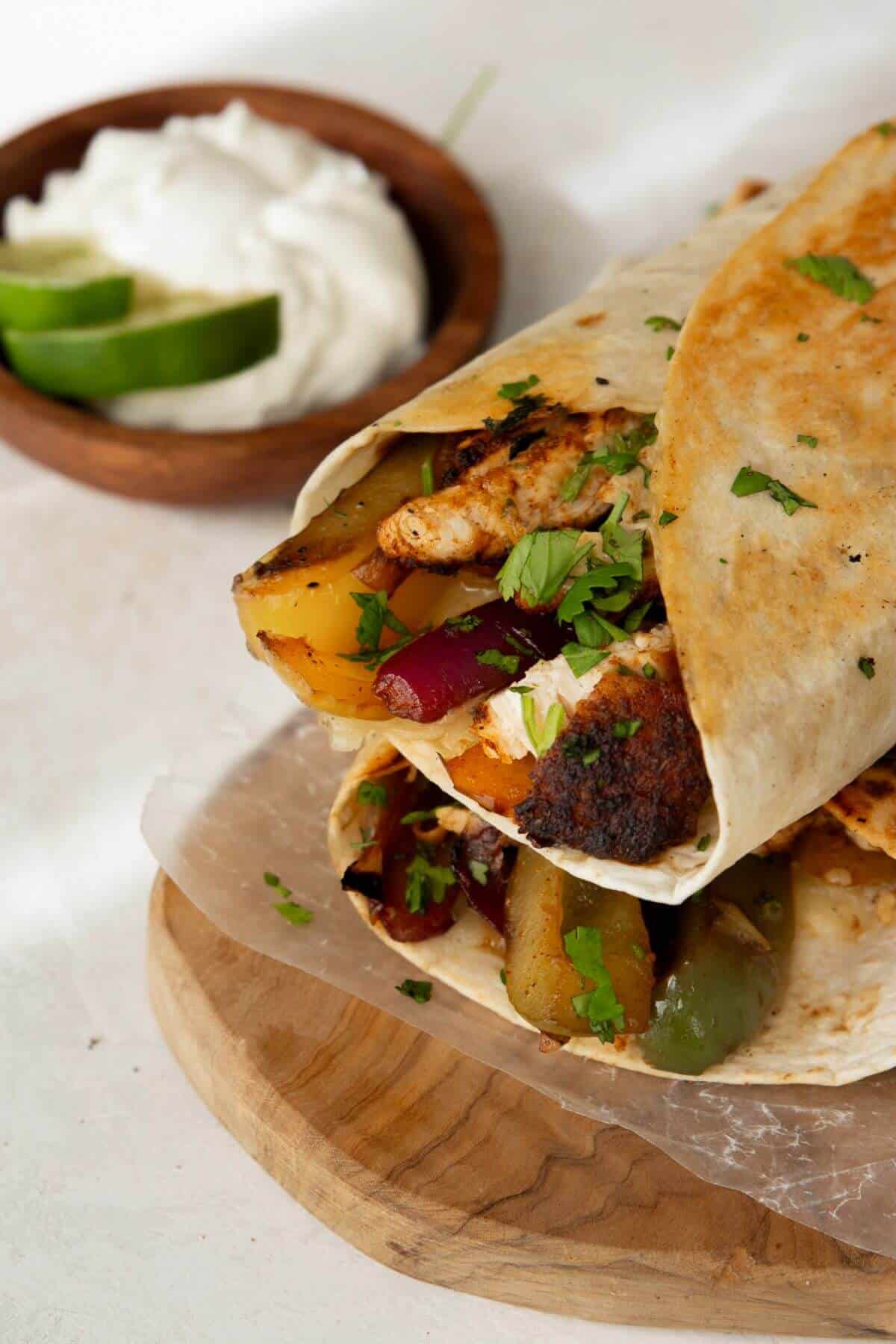 chicken fajita wrap in a crispy tortilla