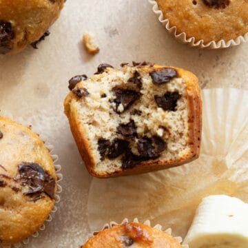 soft and fluffy chocolate chip banana protein muffins