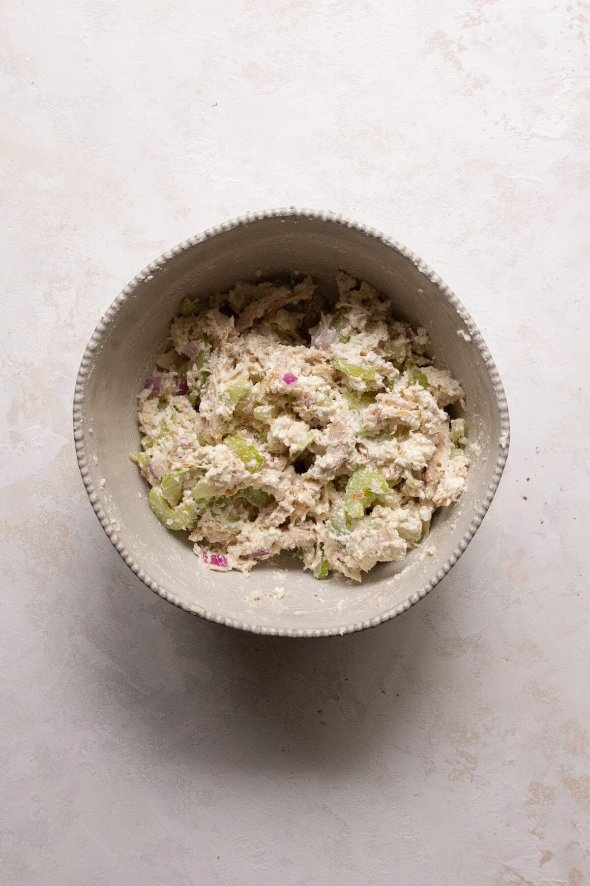 no mayo chicken salad in a bowl made with cottage cheese and yogurt