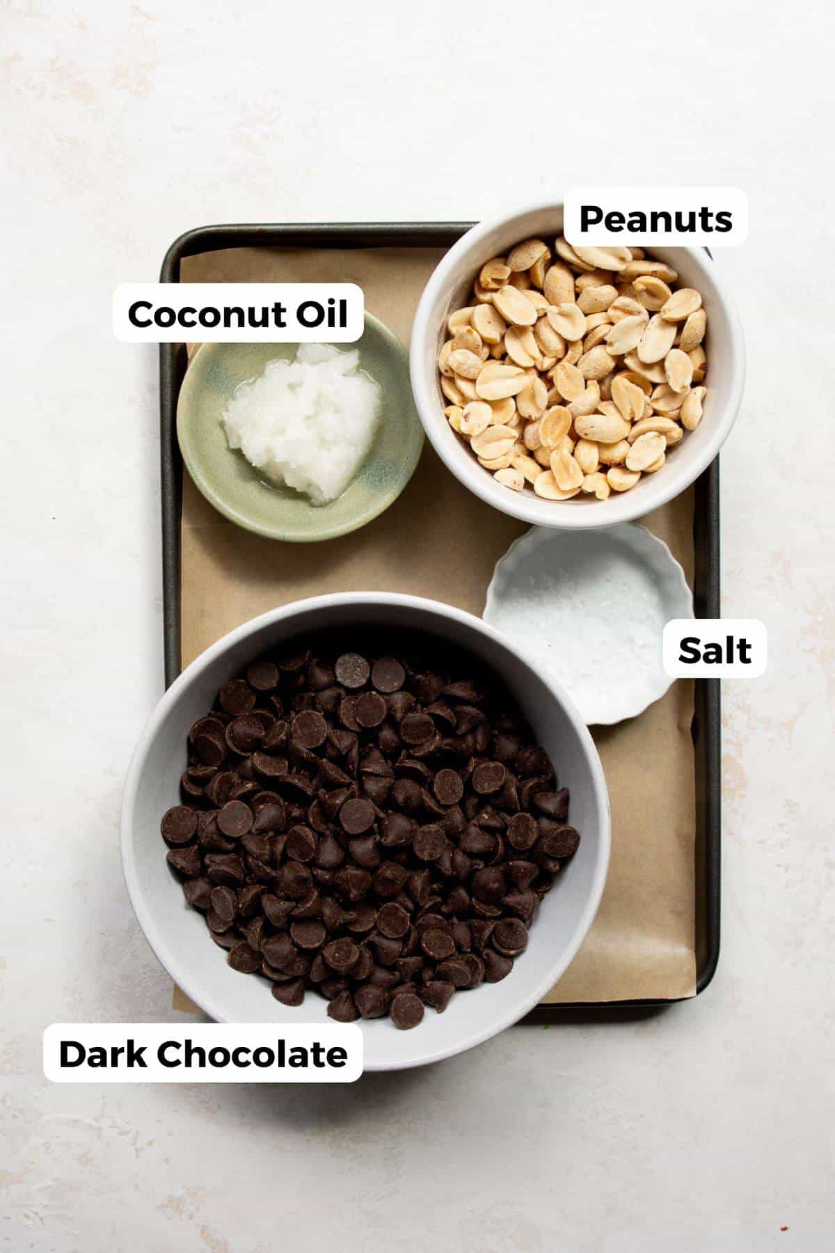 ingredients in small bowls including dark chocolate chips, peanuts, coconut oil, and sea salt